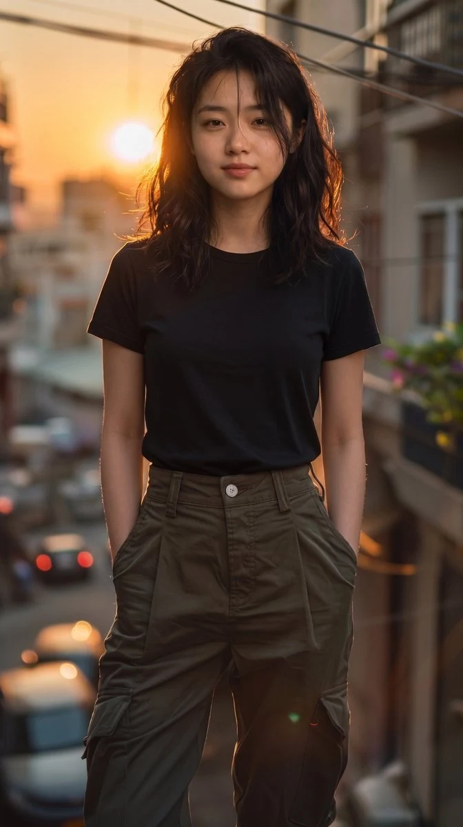 young woman in cargo pants at golden hour
