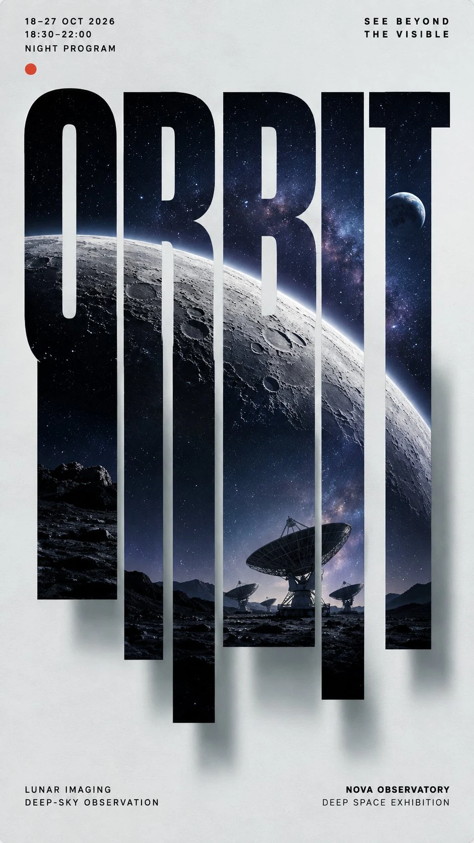 Vertical sliced typography poster showing moon and