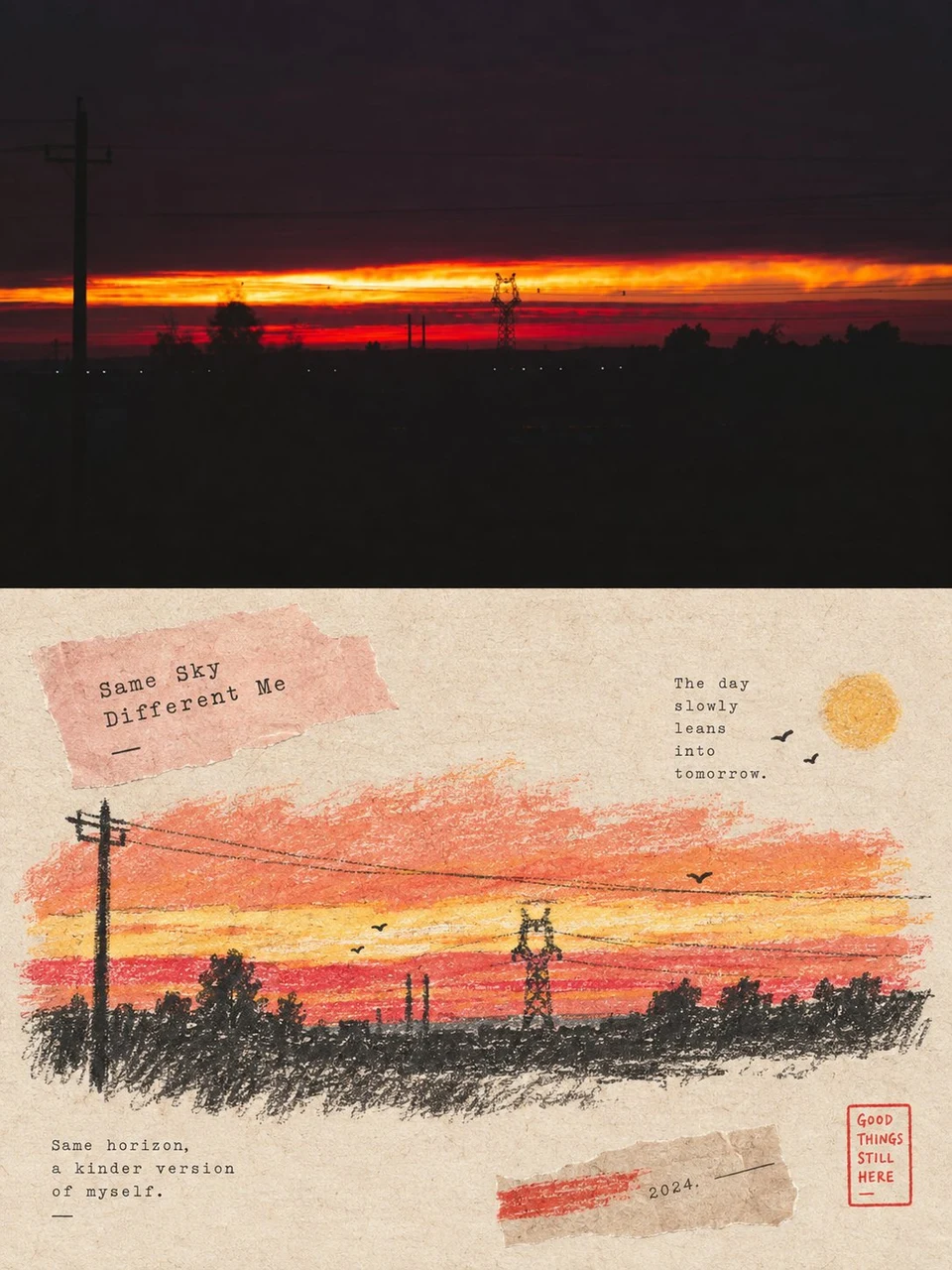 Vintage scrapbook poster with sunset photograph and