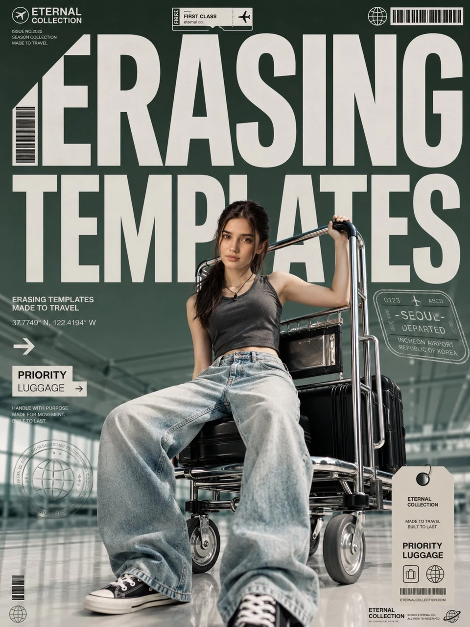 Fashion-travel magazine cover woman on airport