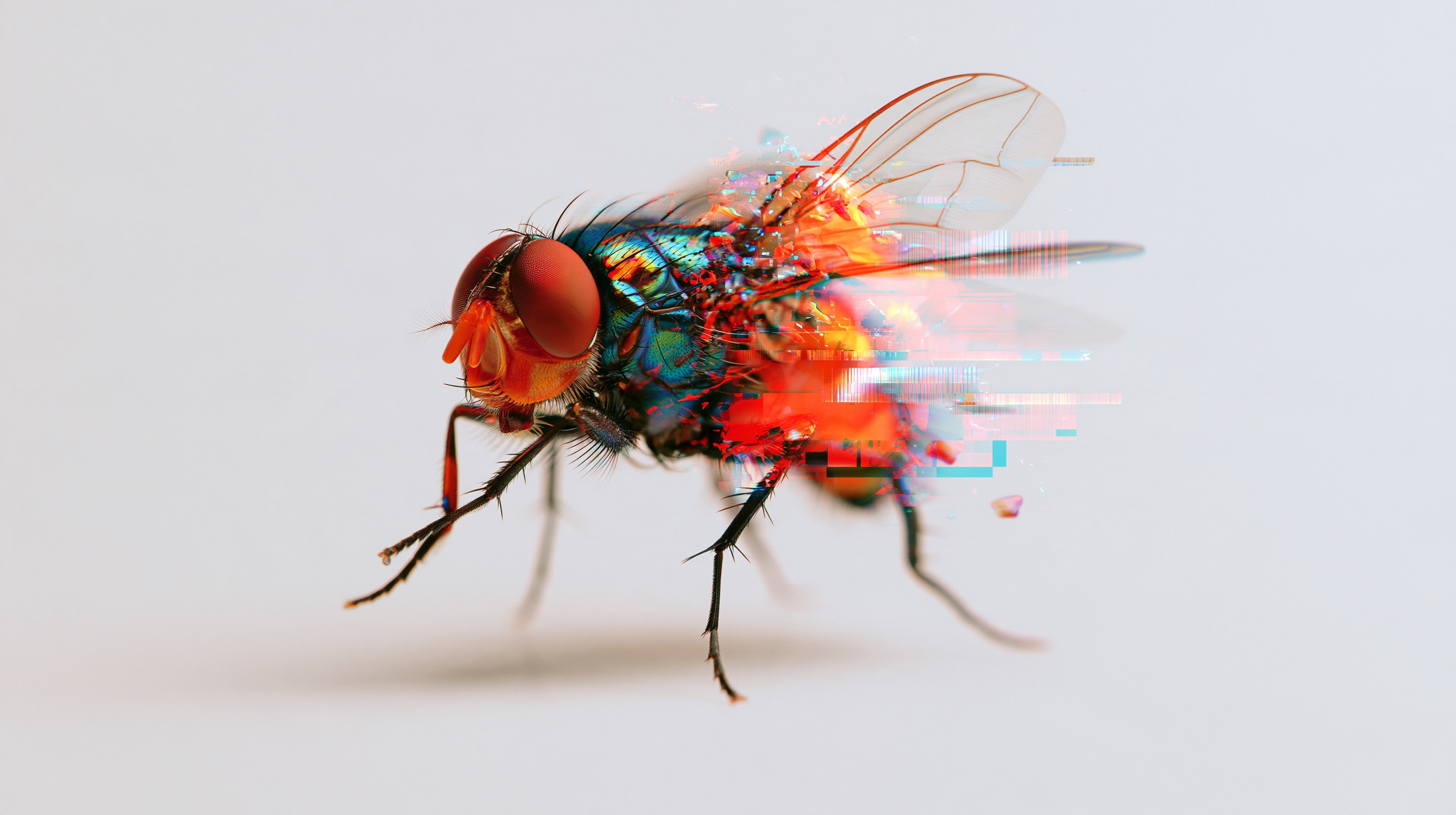 Glitch Art Housefly with Digital Decay and Barcode