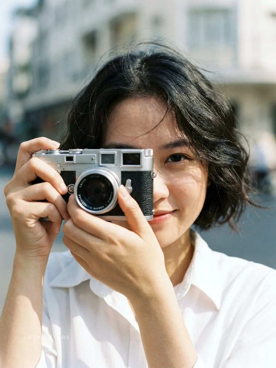 young woman holding vintage film camera outdoors
