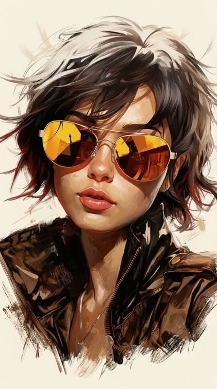painterly portrait of woman with aviator sunglasses