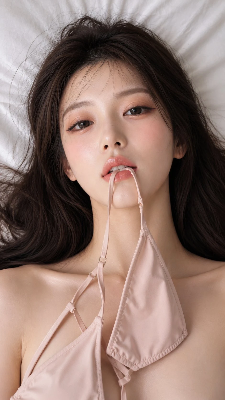 East Asian woman biting bikini strap close-up