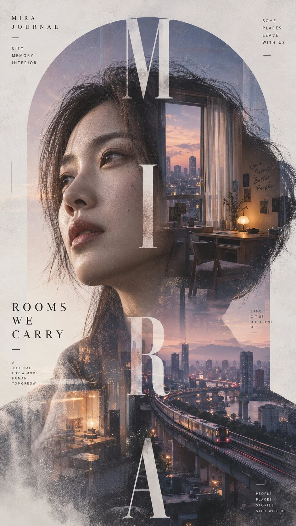 editorial double-exposure portrait with cityscape