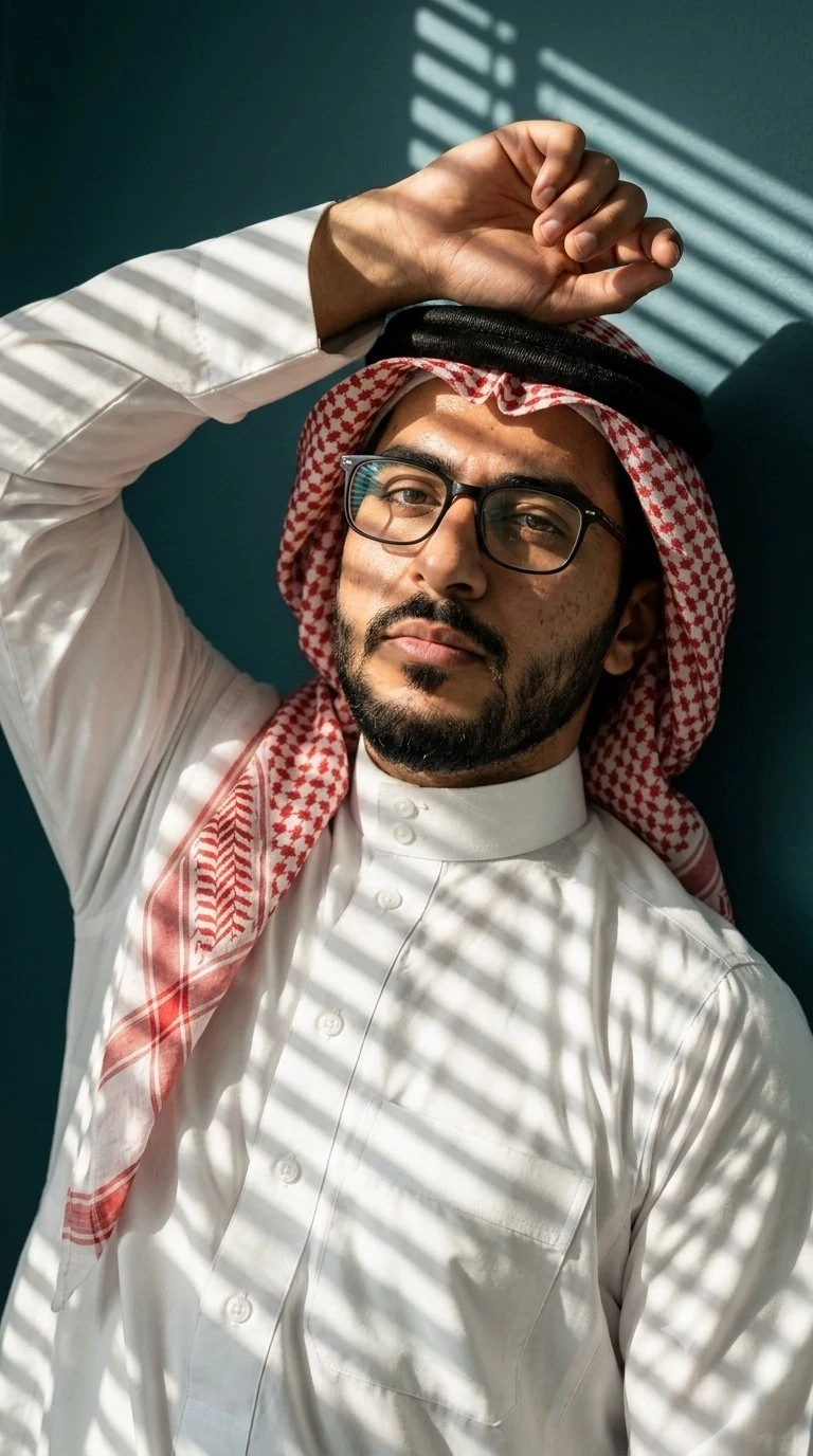 Middle Eastern man with keffiyeh and glasses under