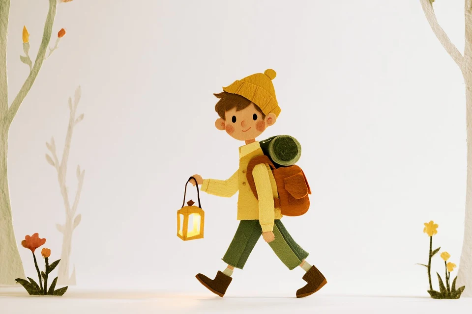 Paper cut-out boy carrying lantern and backpack