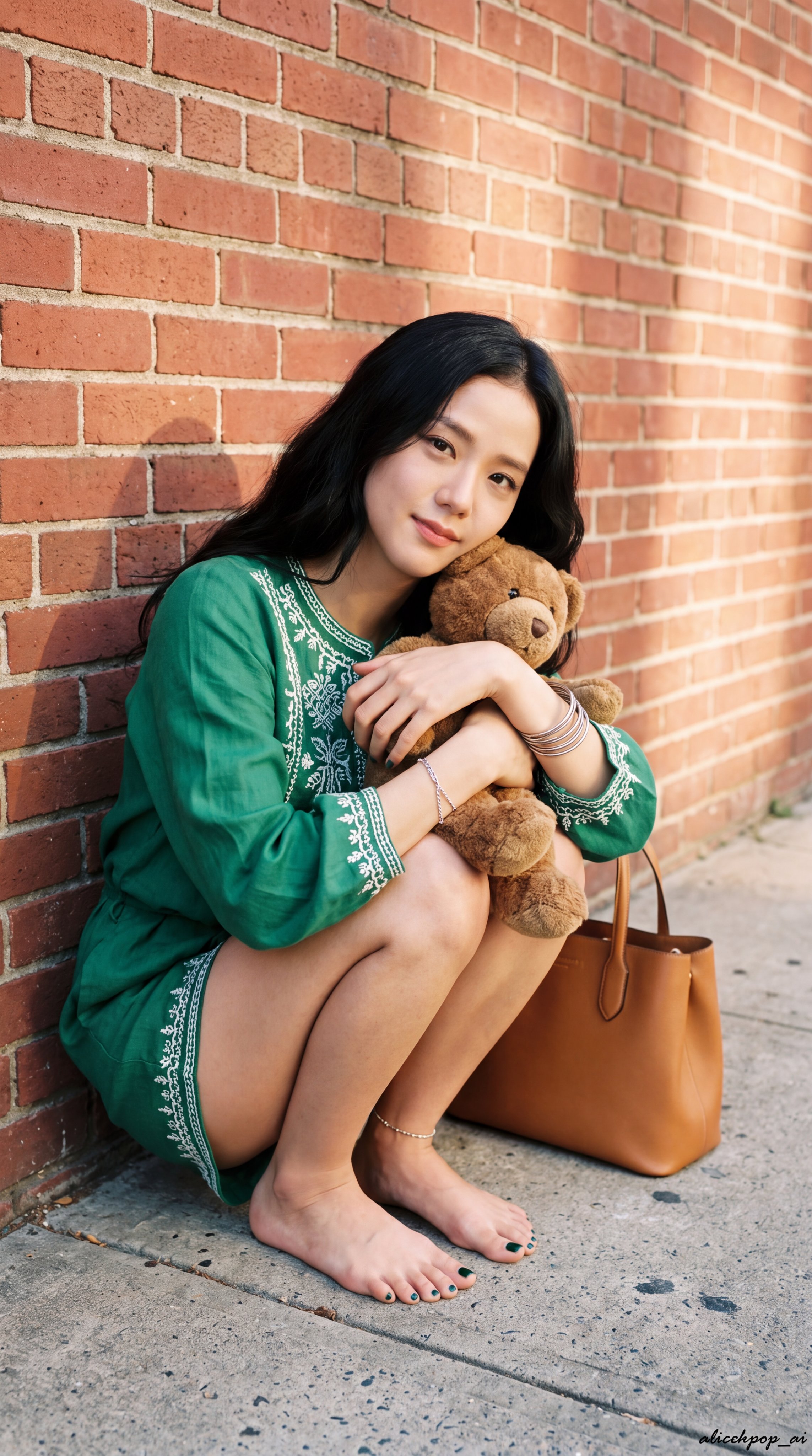K-pop idol crouching with teddy bear by brick wall