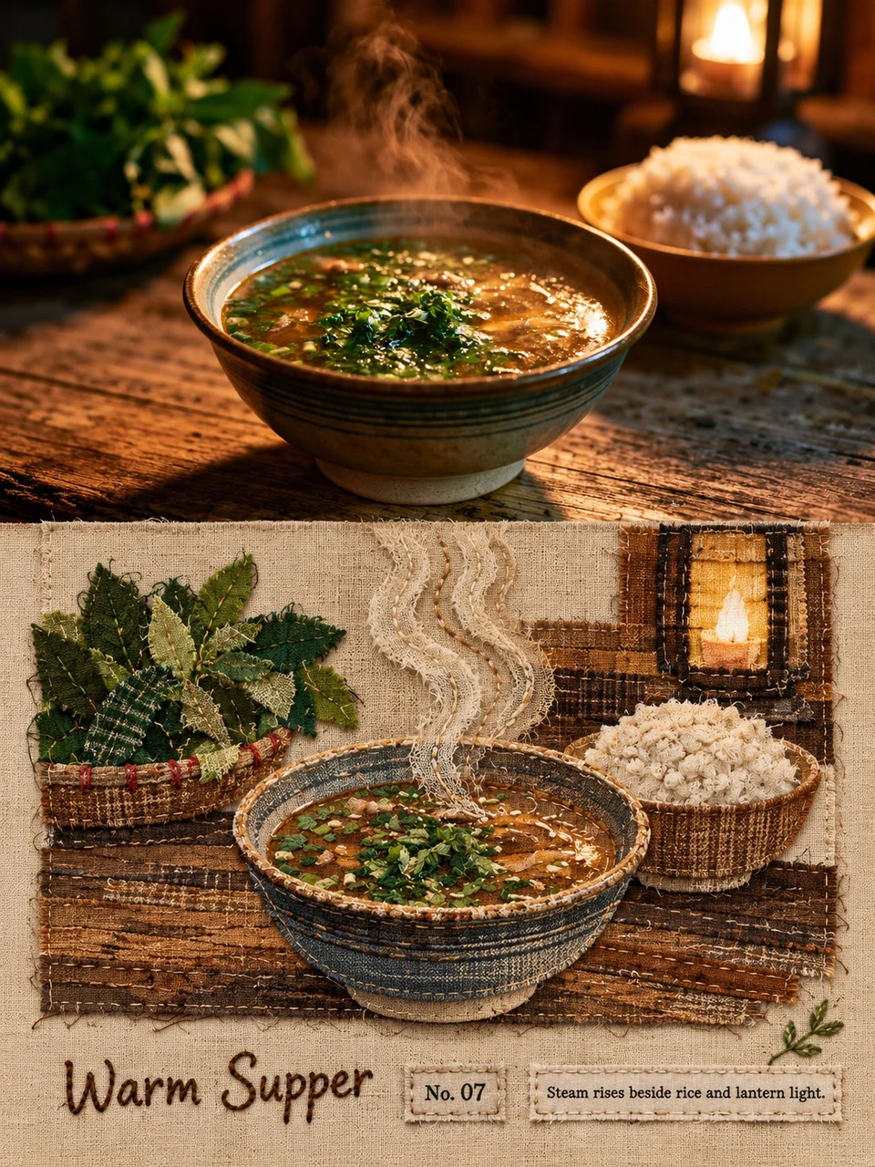 warm soup fabric collage poster vintage style