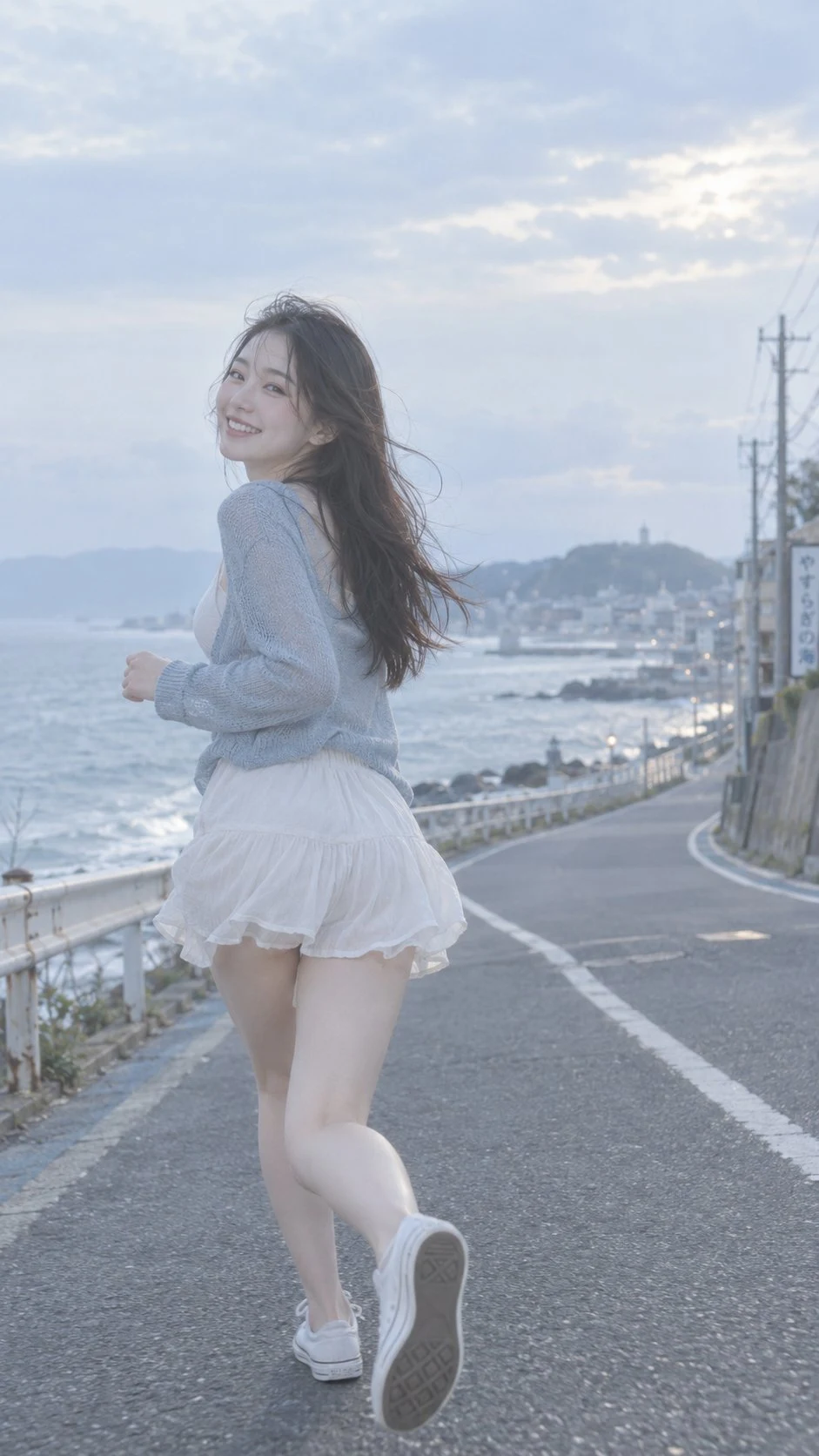 korean influencer girl running on seaside road