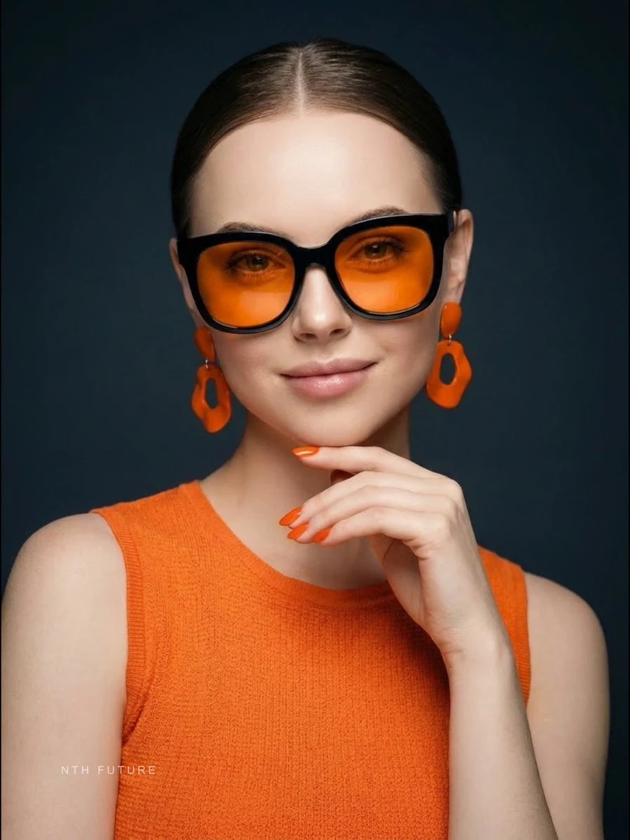 Fashion portrait of woman with orange sunglasses and