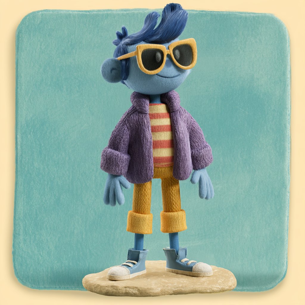 Stylish blue monster figurine in sunglasses and