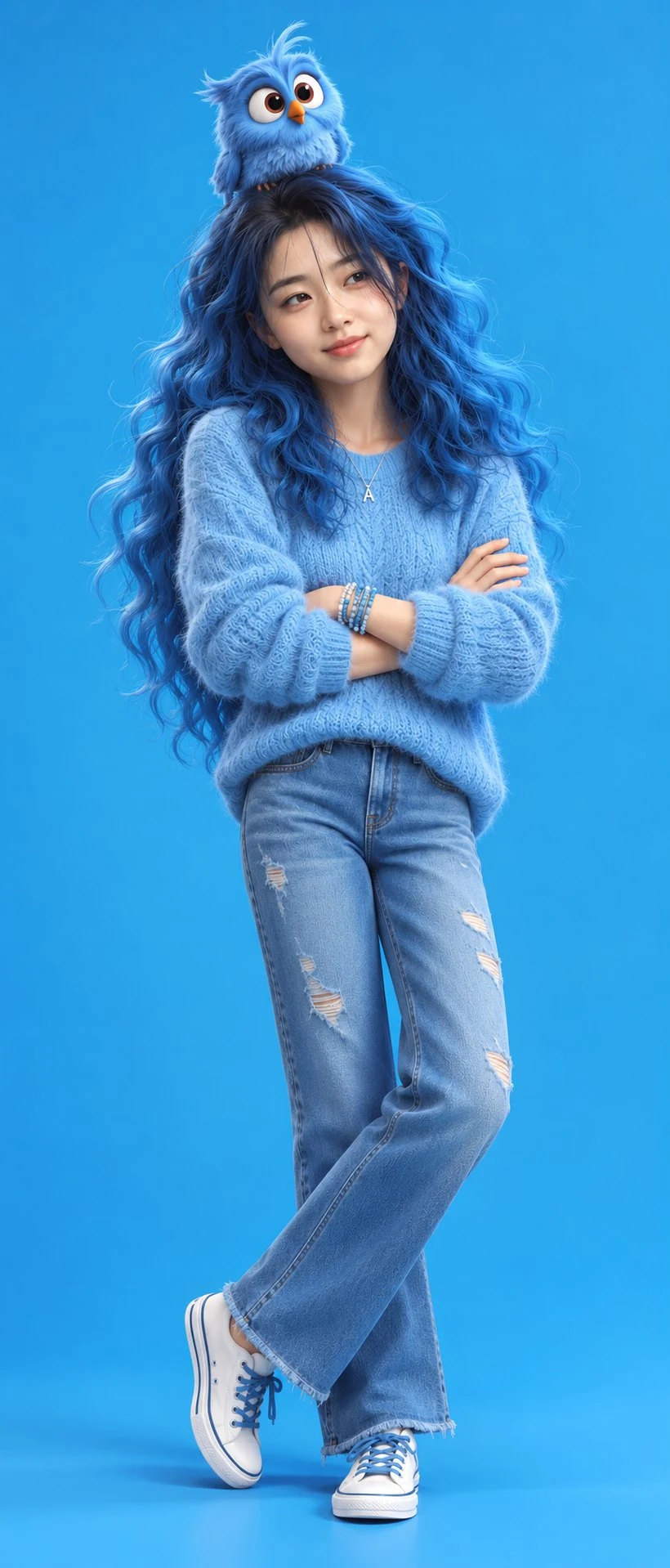 Whimsical animated girl with blue hair and owl on