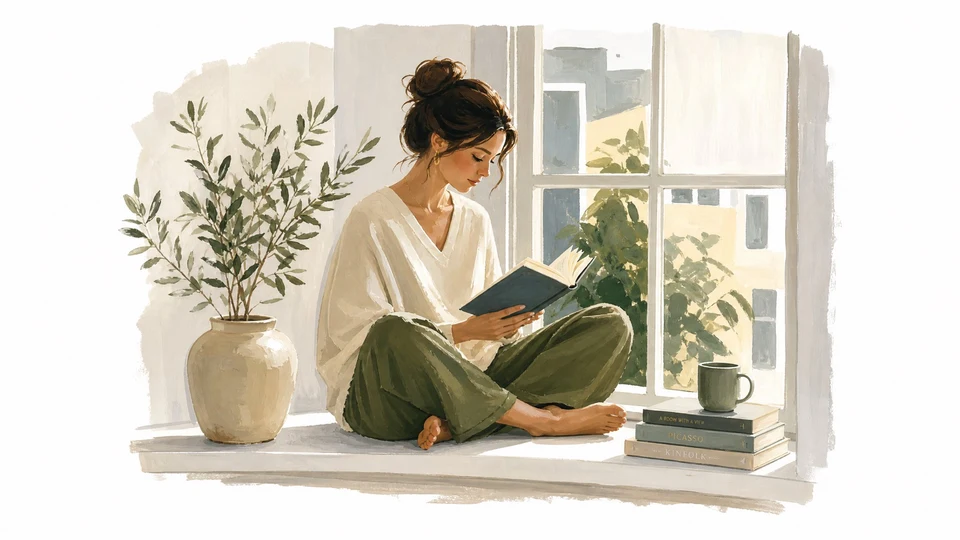 woman reading book on window seat gouache
