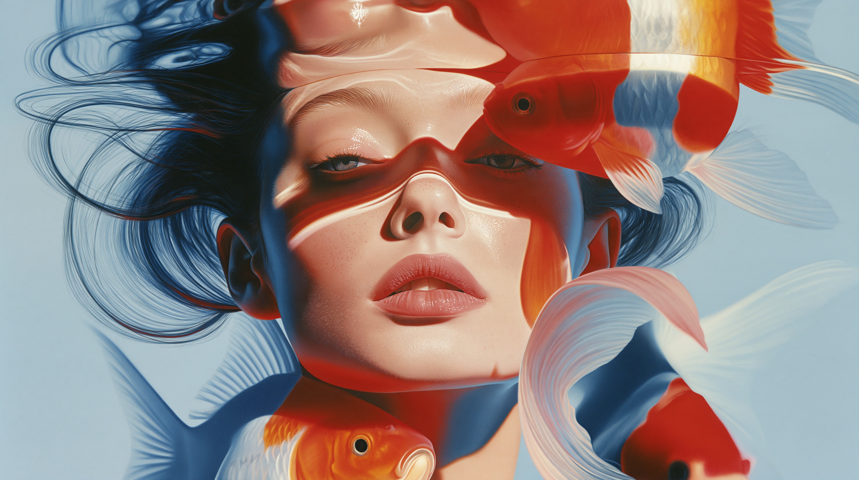 Woman swimming underwater with koi fish