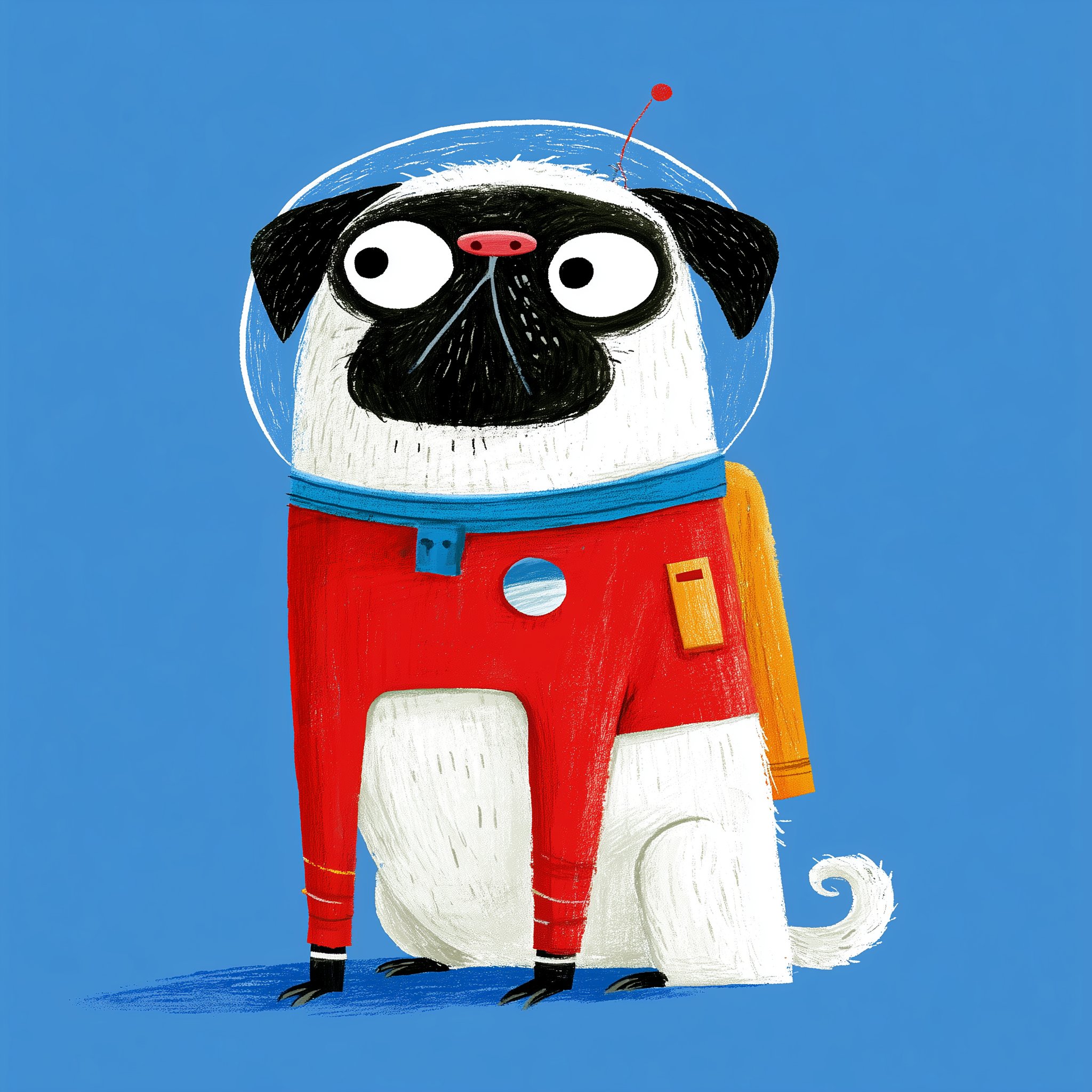 Illustrated pug astronaut in red spacesuit with