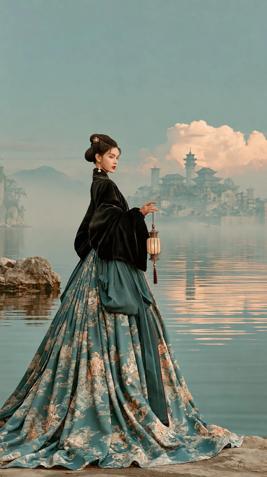 Woman in hanfu by lakeside at dusk holding lantern
