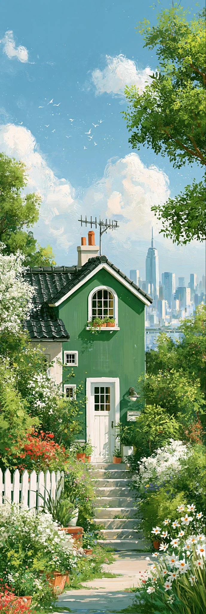 Green cottage garden with white picket fence against