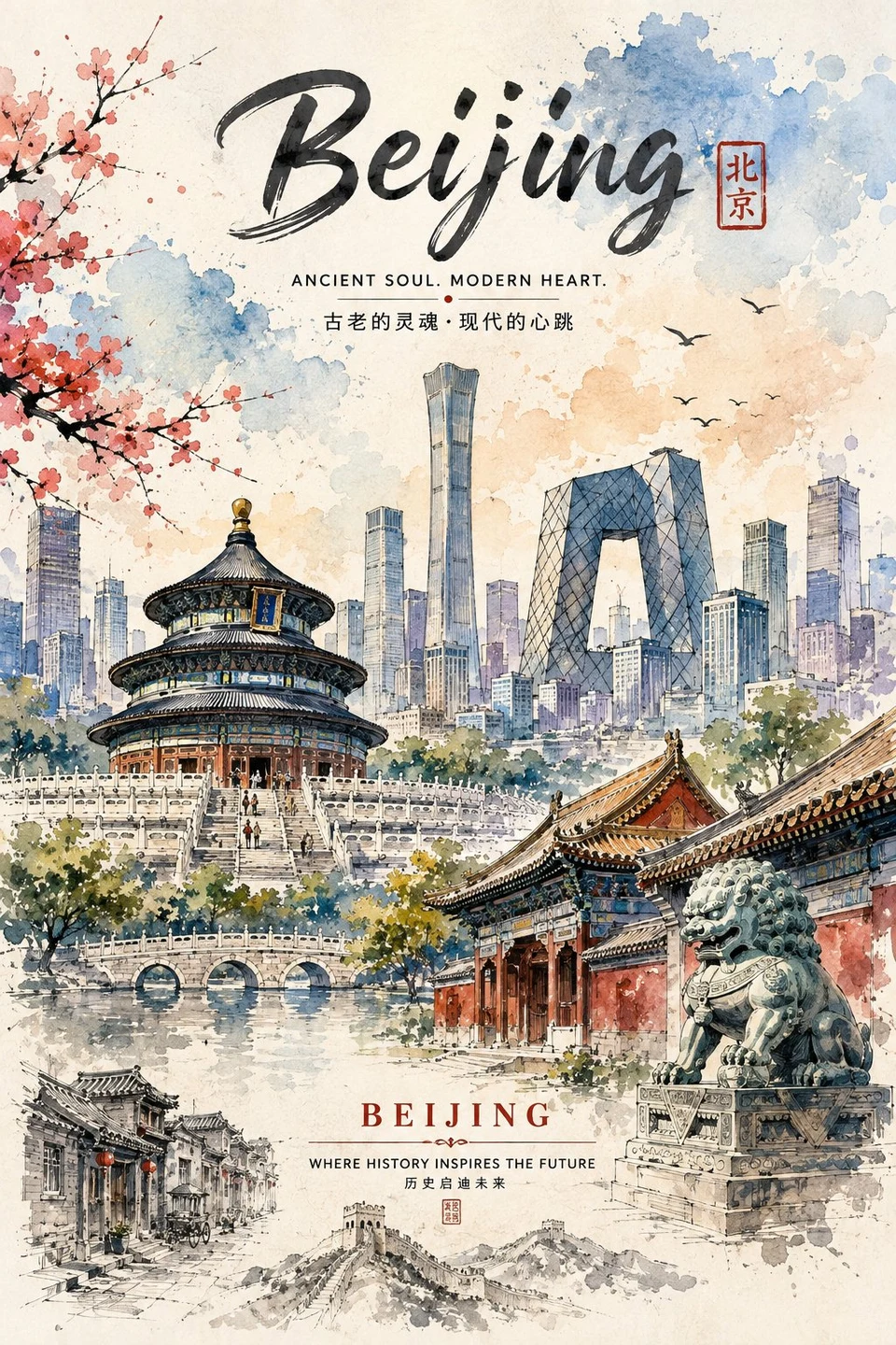 Beijing Travel Poster Watercolor Illustration