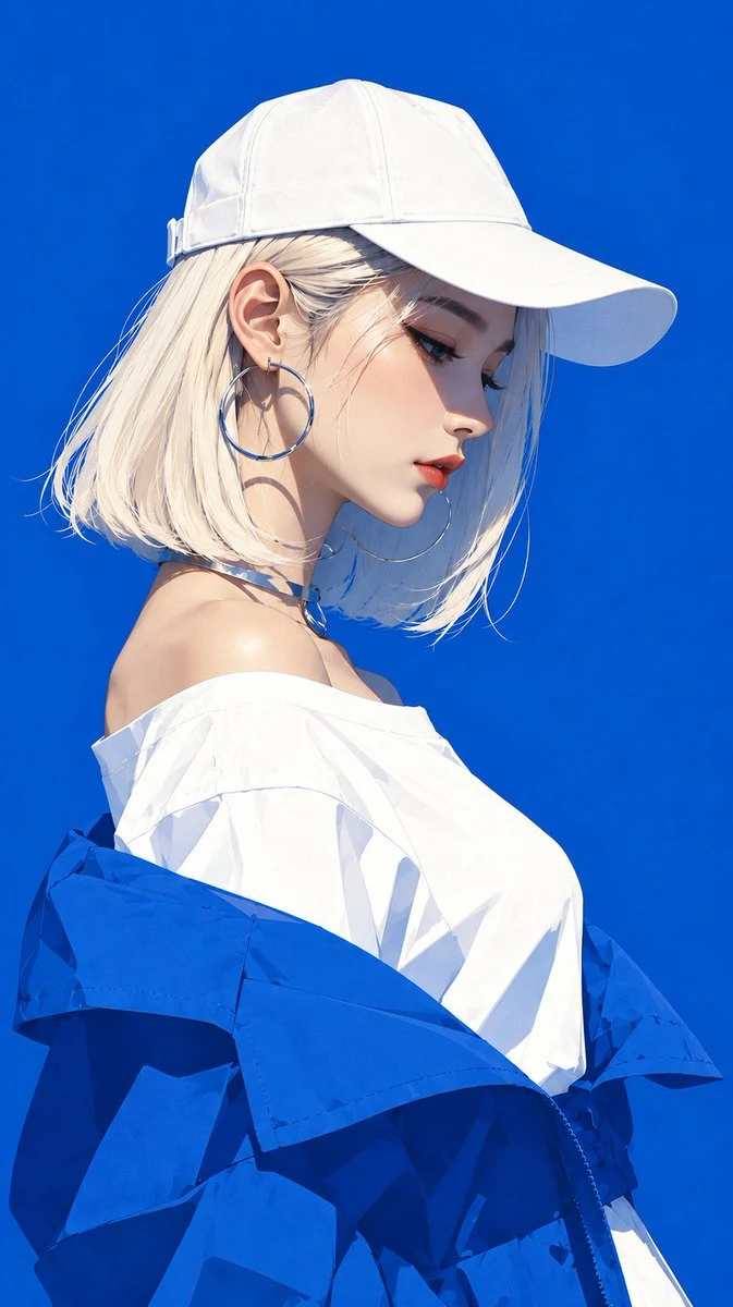 side-profile anime girl white cap and blue jacket on