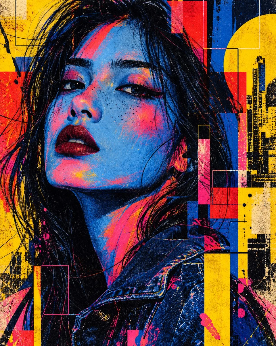 Neon Pop Art Portrait of Woman with Denim Jacket and