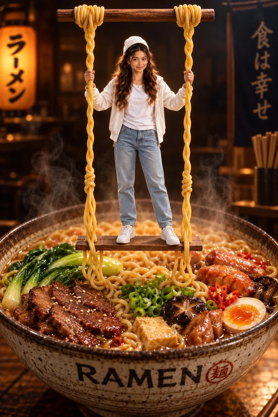 Cinematic fantasy food photo of girl on ramen noodle