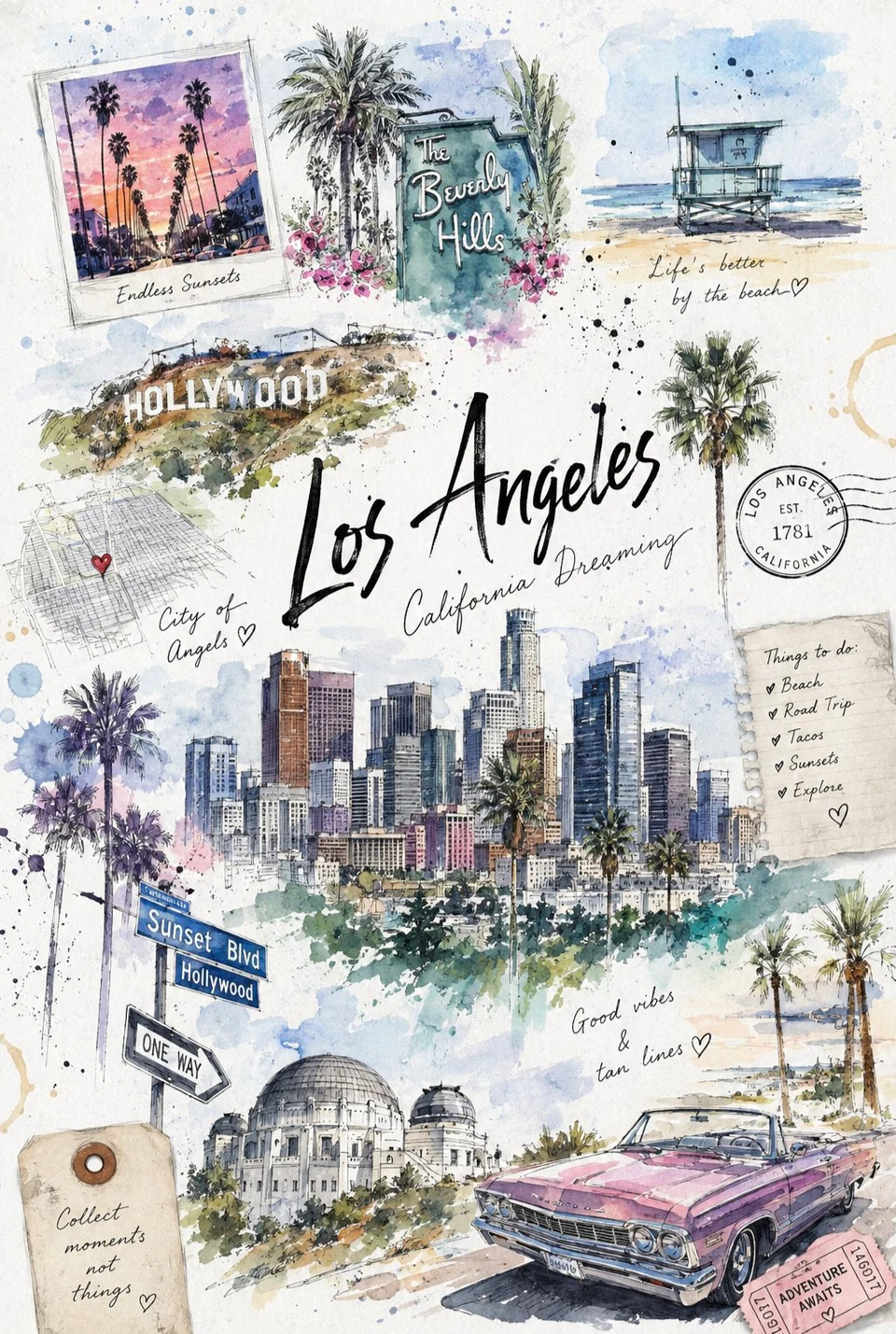 Los Angeles watercolor travel collage