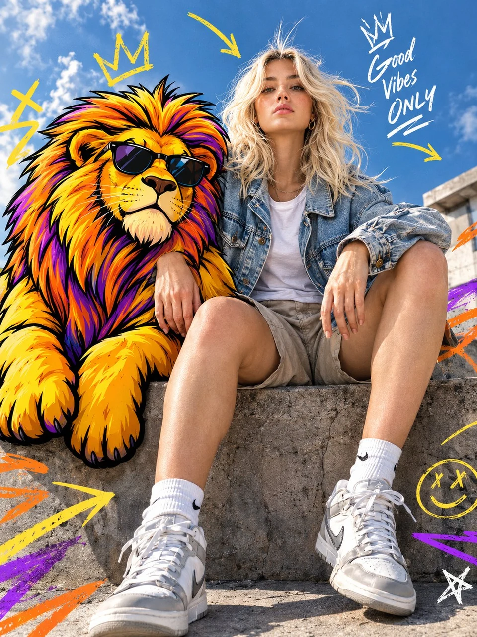 Fashion editorial with woman and neon cartoon lion