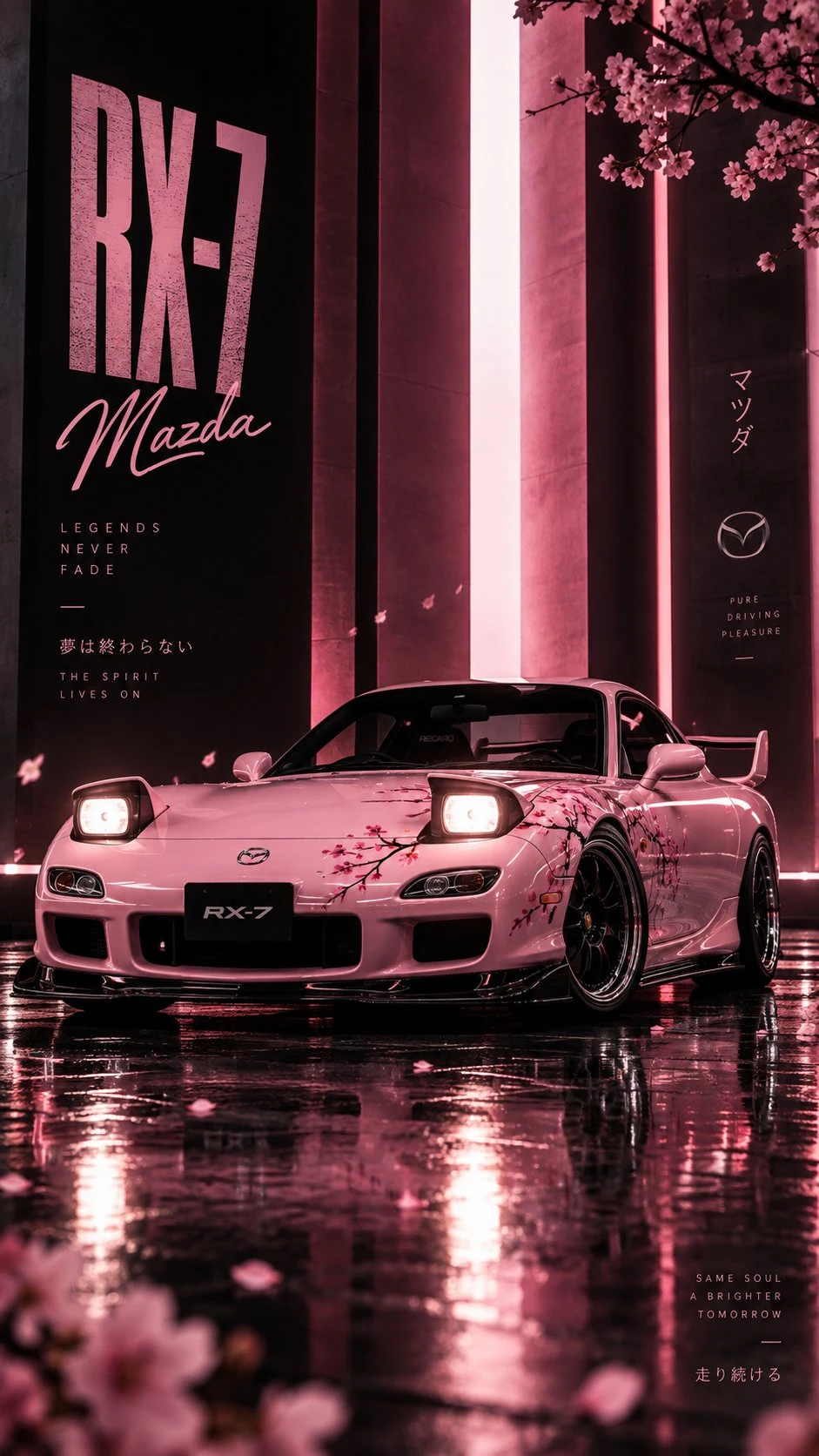 Pink Mazda RX-7 FD poster with cherry blossoms in