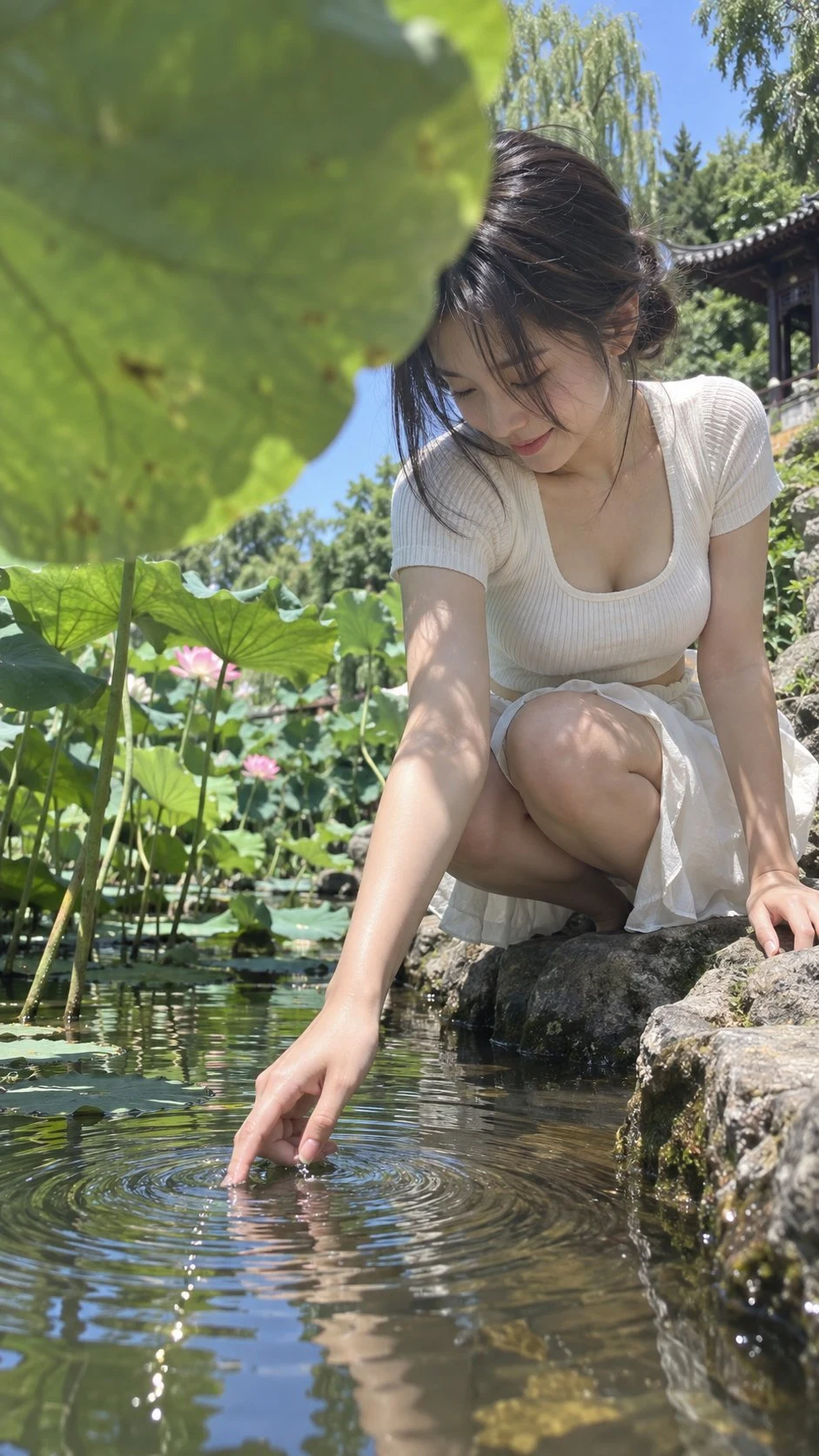 young woman touching water by lotus pond