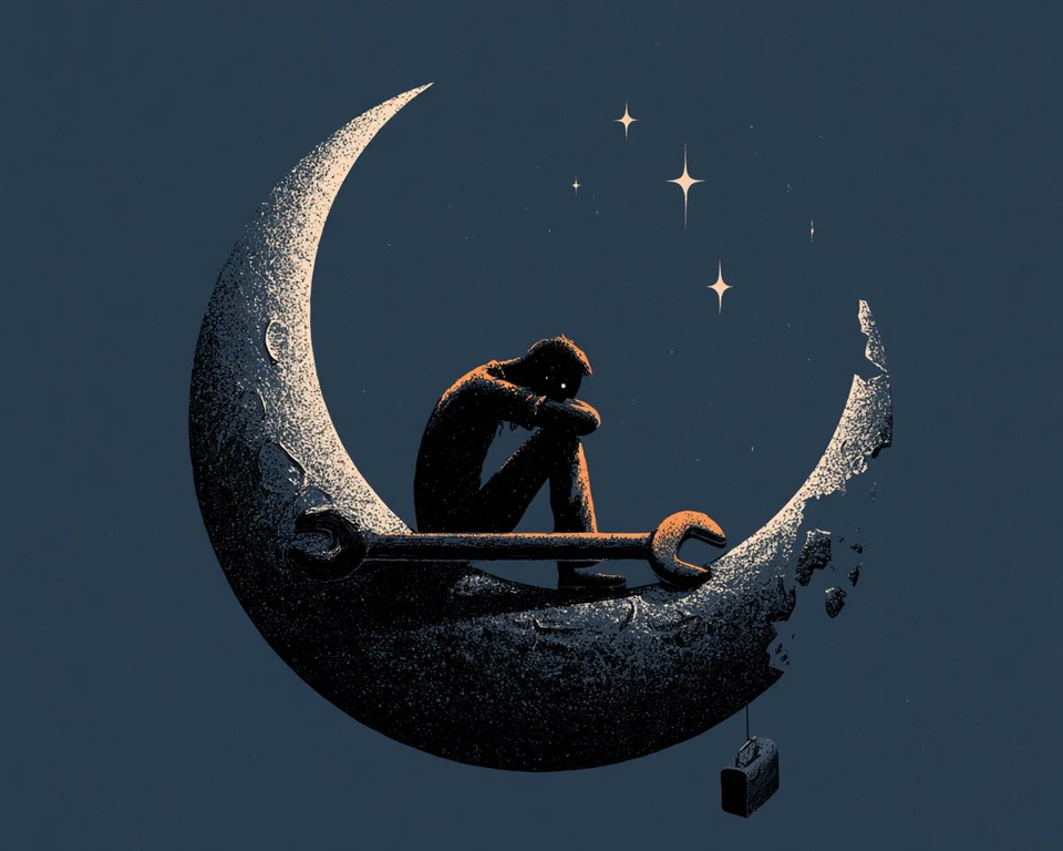 tired moon mechanic resting on broken crescent with