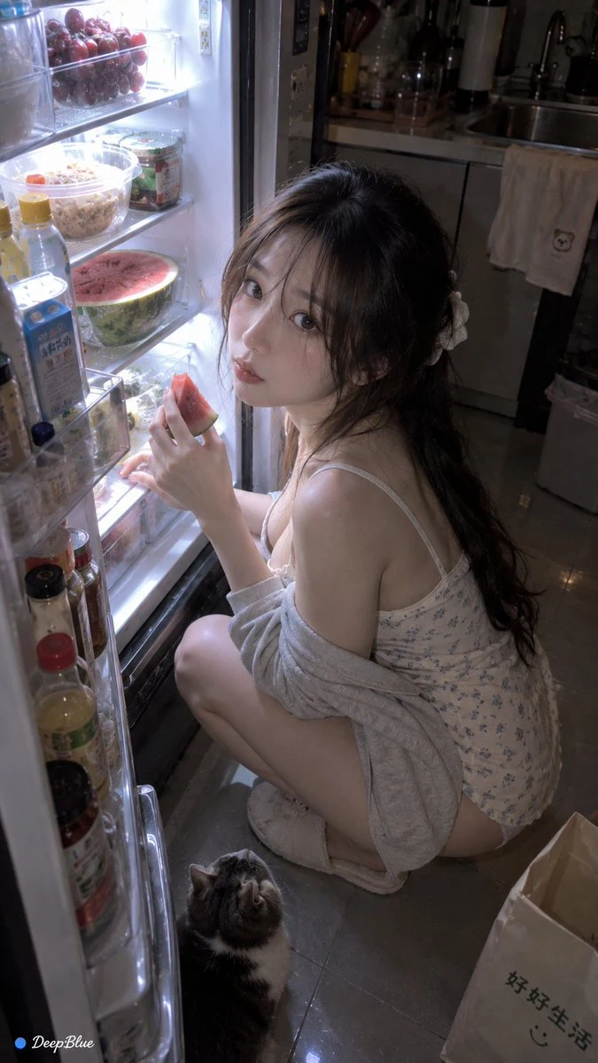 Young woman squatting by open fridge at night