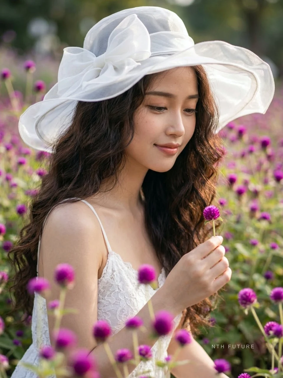 Ethereal woman in white hat holding purple amaranth