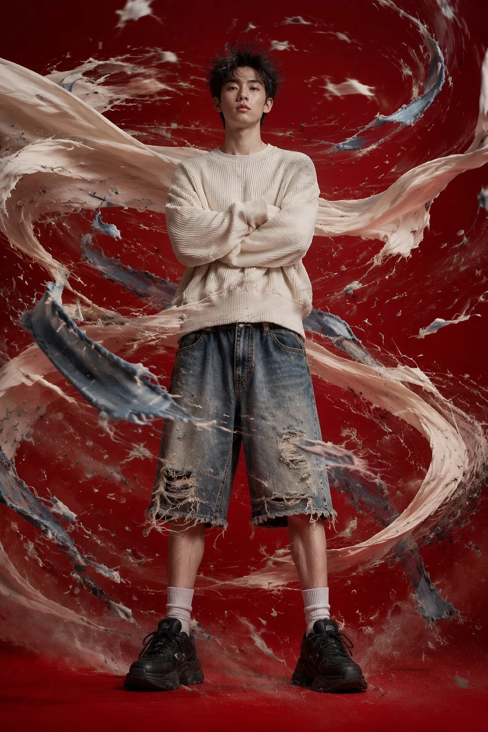 luxury streetwear fashion portrait with fabric