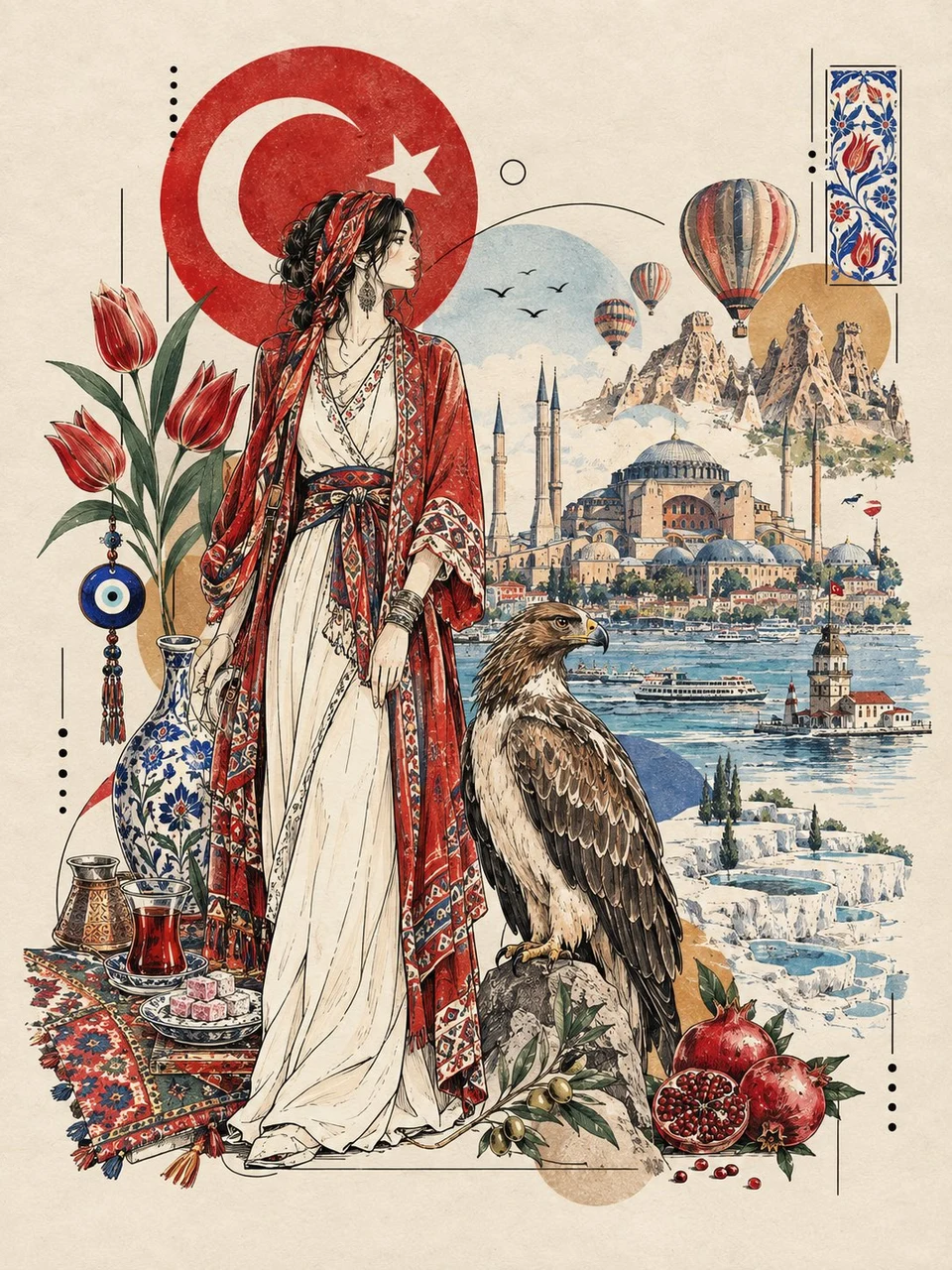 Turkish cultural travel illustration with woman and