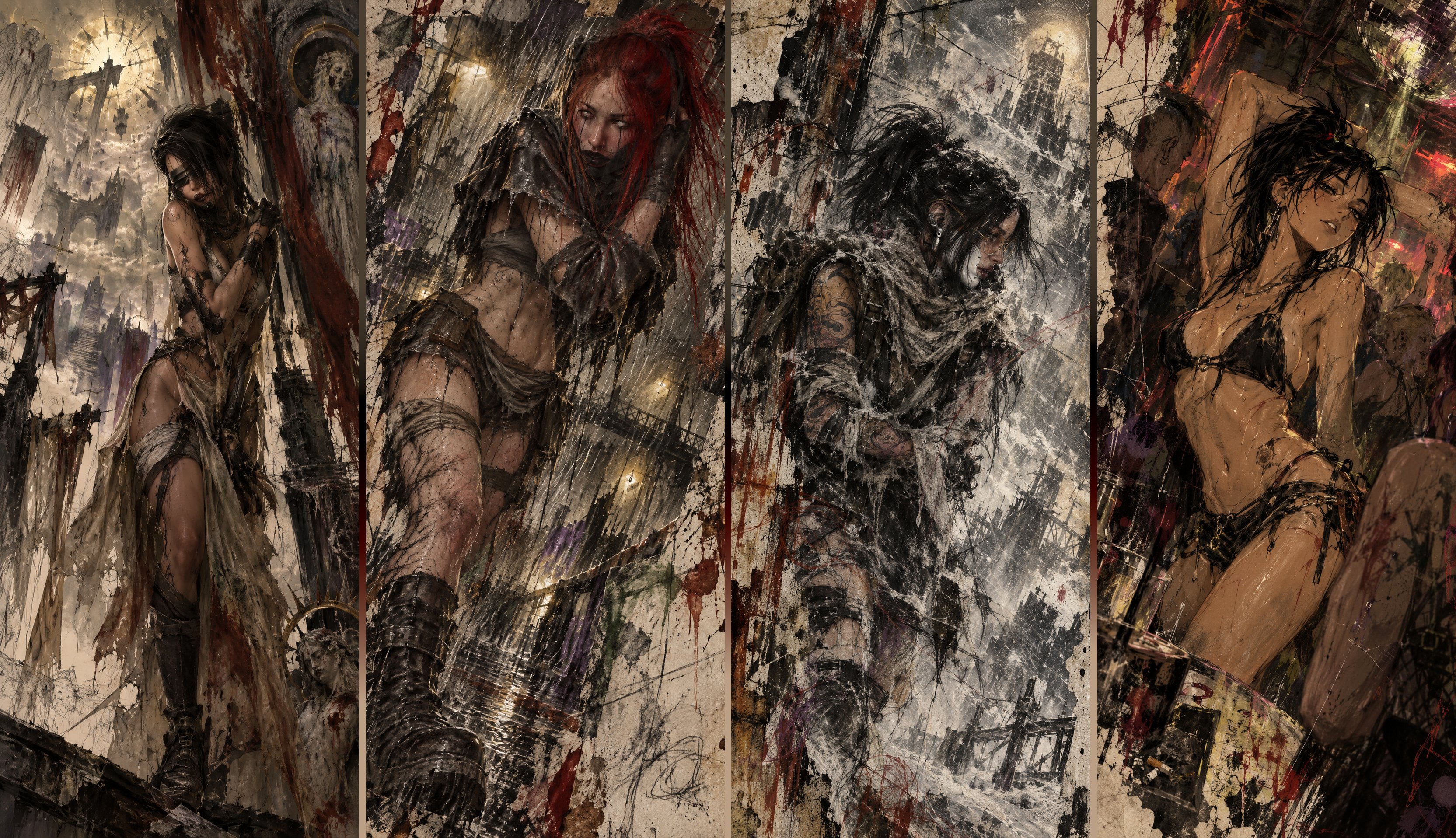 Ruined female warrior figure amidst abstract dirty