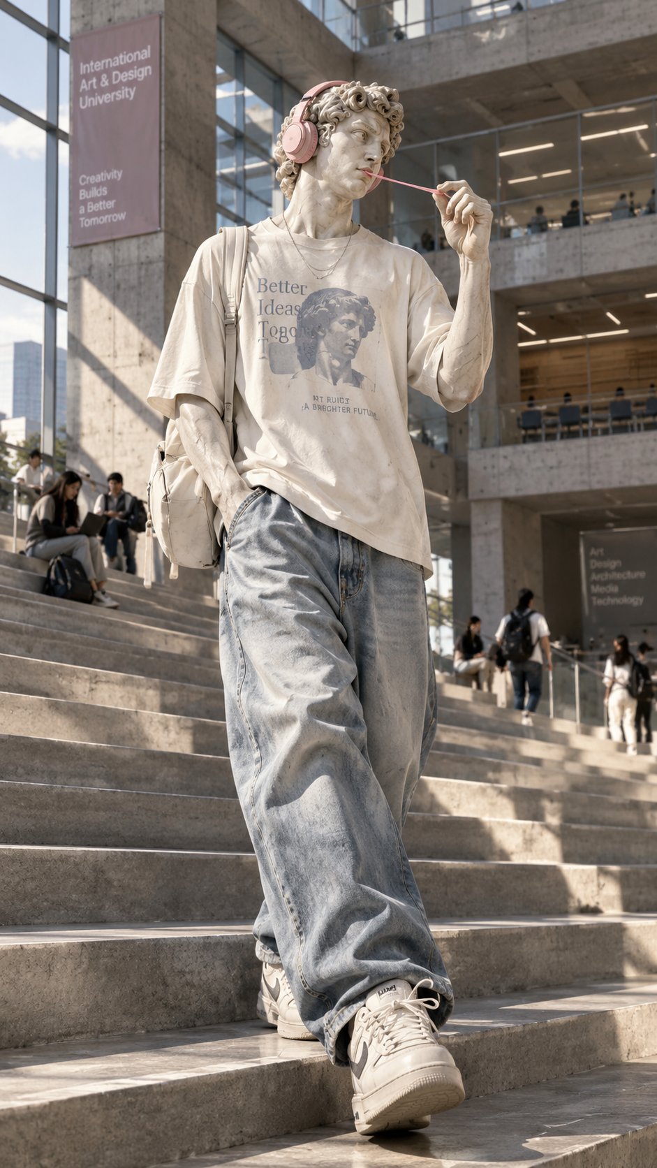 Renaissance Statue in Streetwear on Campus Stairs