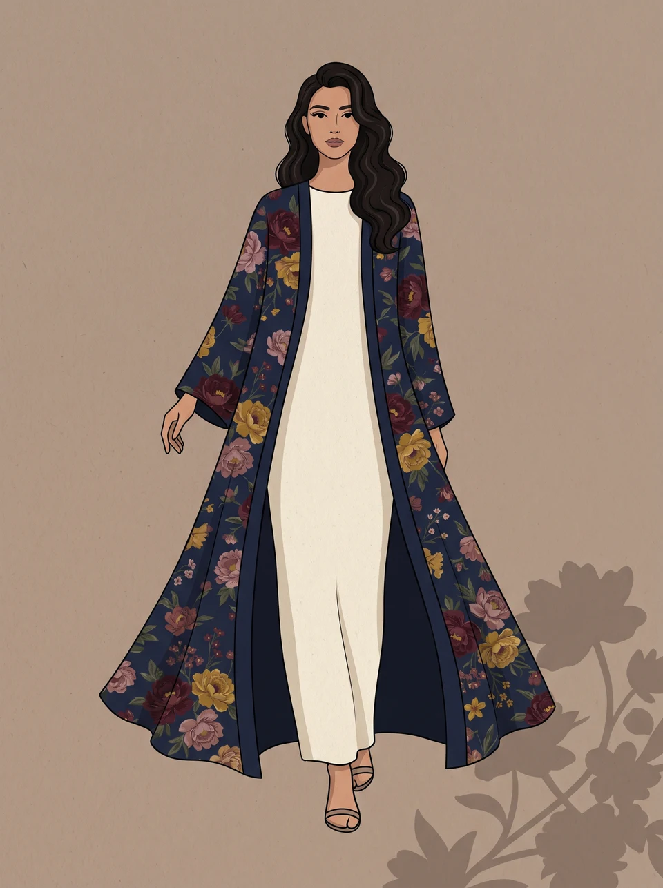 Middle Eastern Woman Floral Navy Abaya Illustration