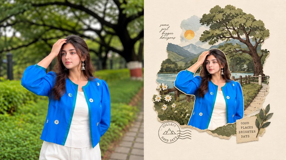 Split-screen travel journal illustration of a young