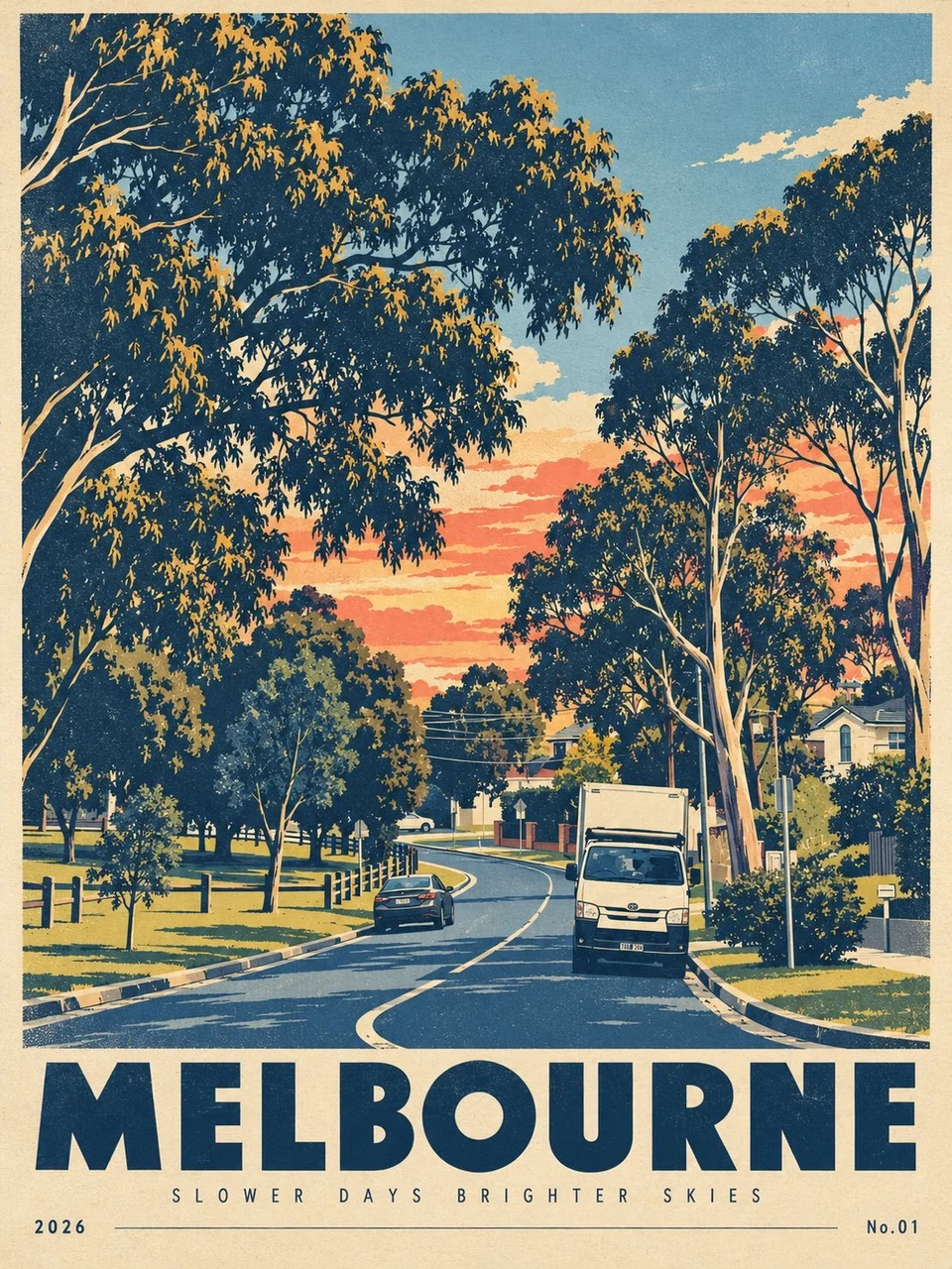 Retro Melbourne Travel Poster with Gum Trees