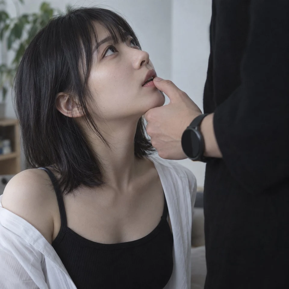 East Asian woman gazing up during intimate indoor
