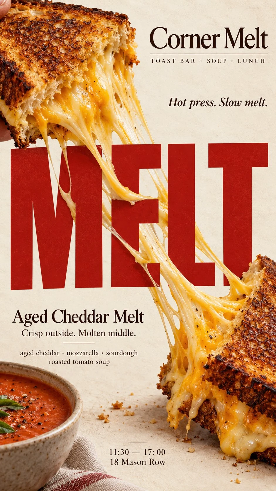cheese pull across bold red melt typography