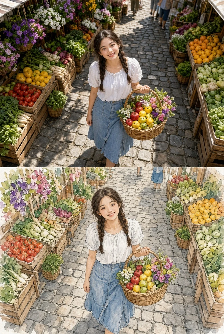 Young woman in market with fruit basket dual art