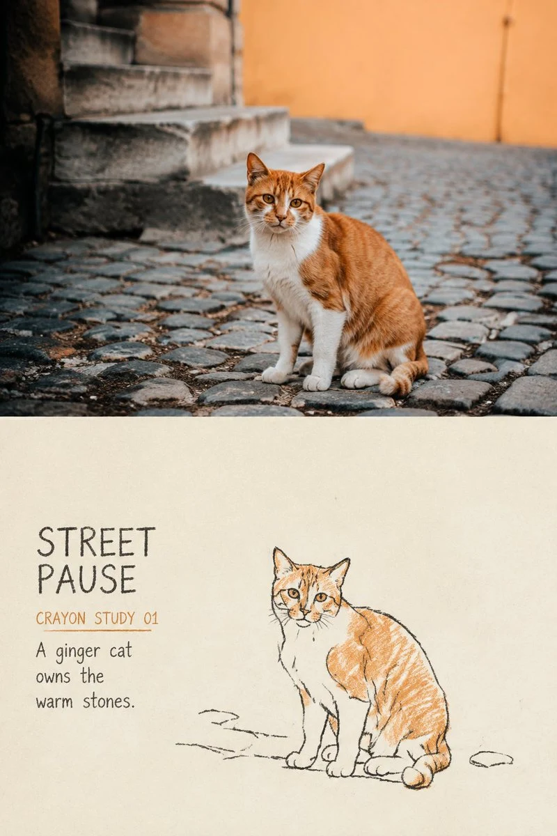 Ginger cat travel poster with crayon sketch study