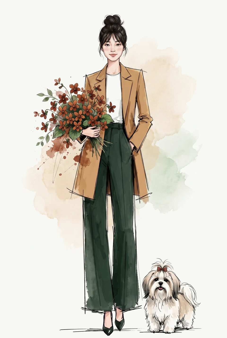 Fashion illustration of stylish woman with Shih Tzu