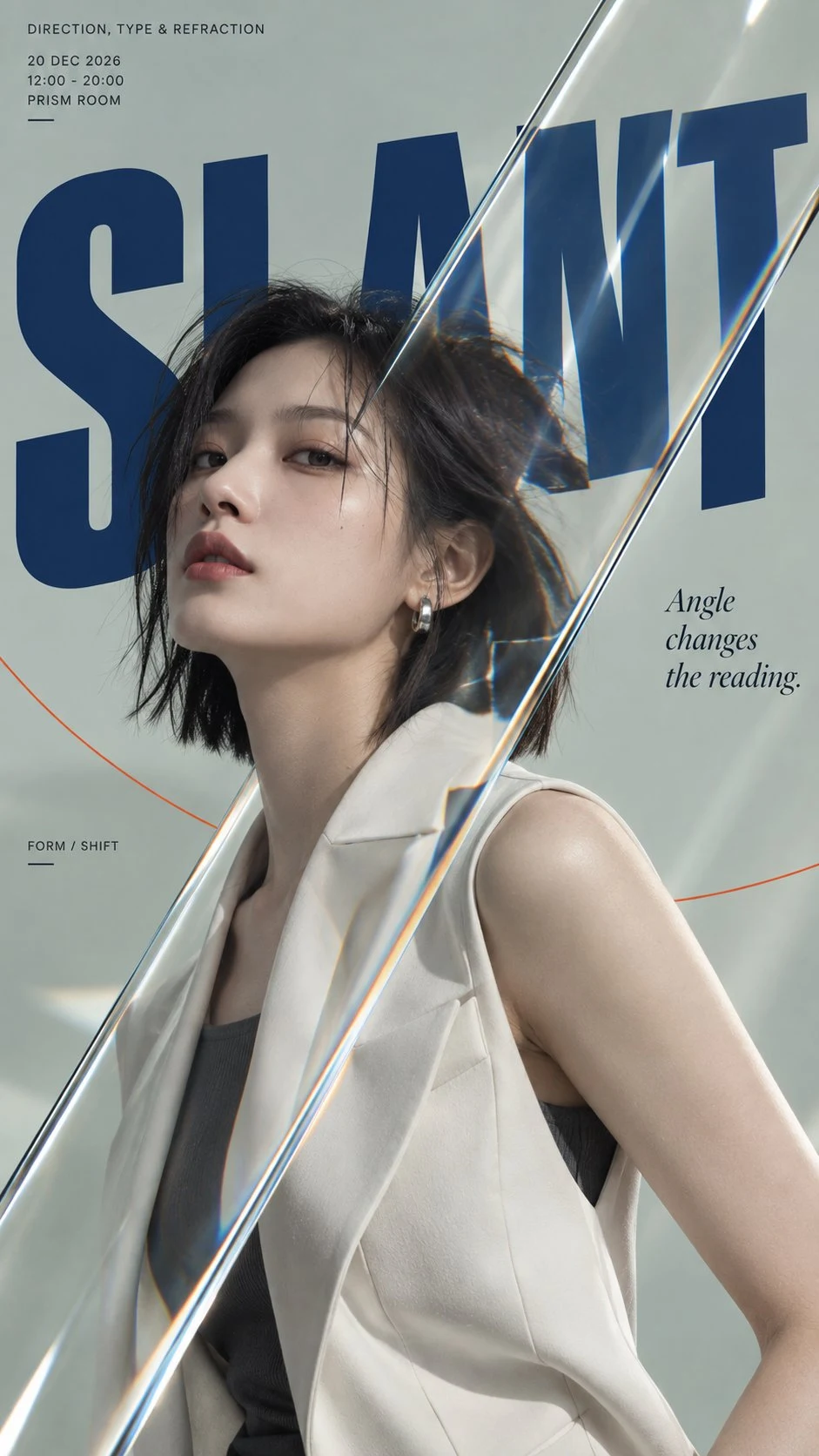editorial fashion poster with model and glass