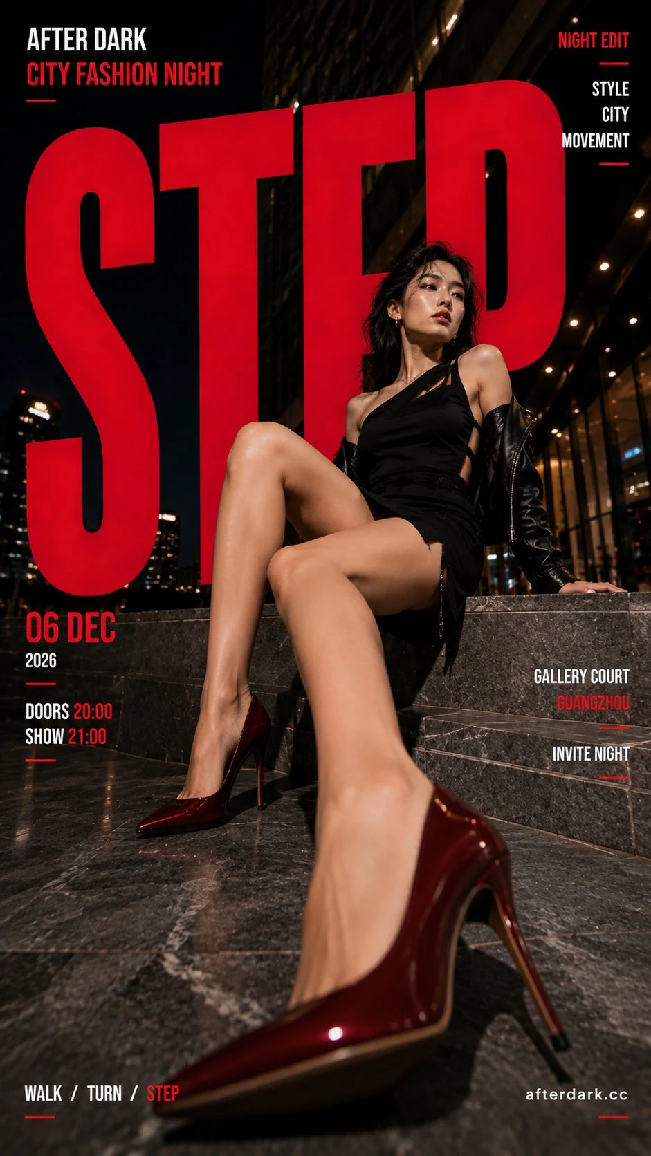 After Dark fashion editorial poster woman in red