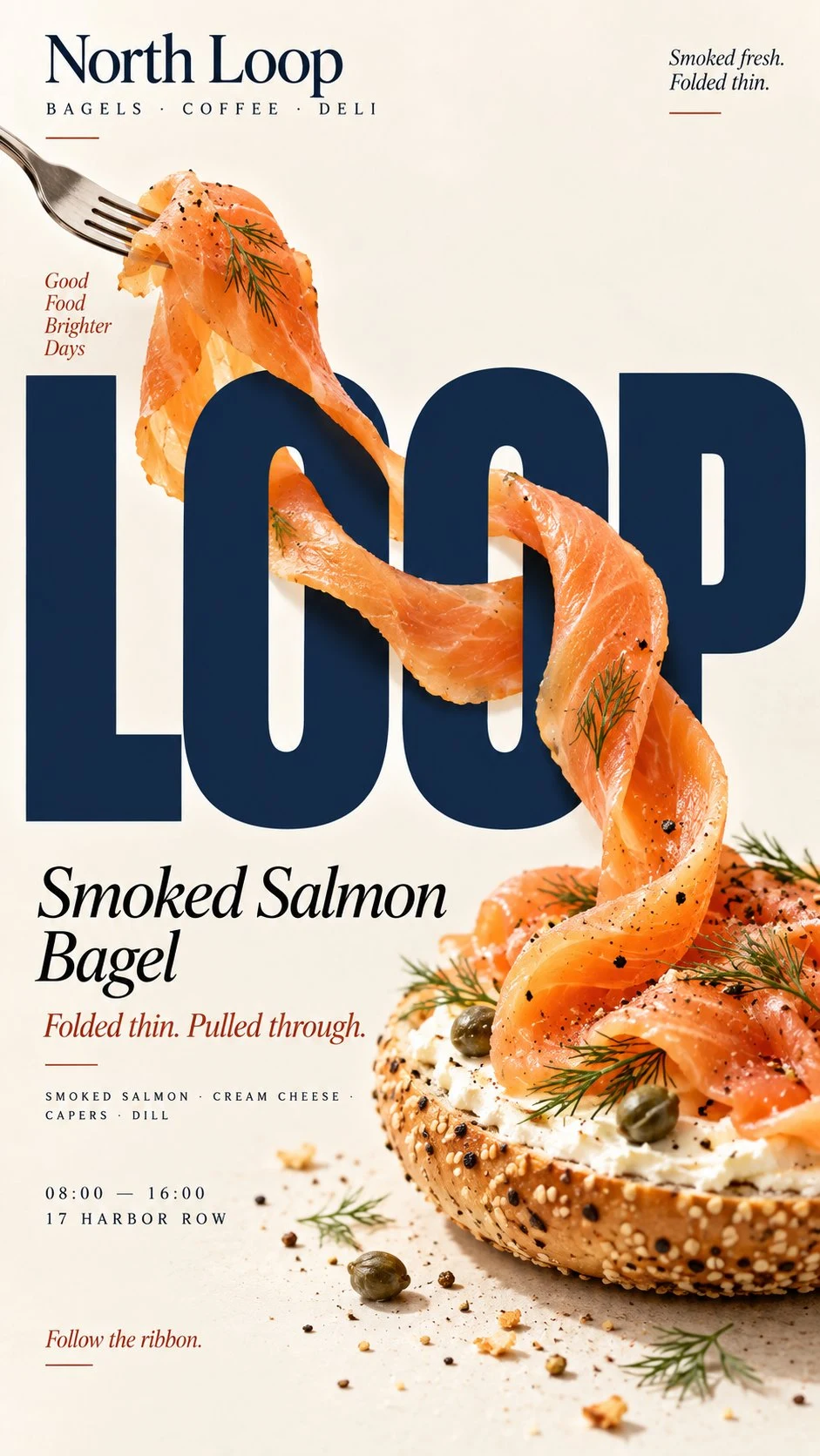 Vertical poster with smoked salmon wrapping through