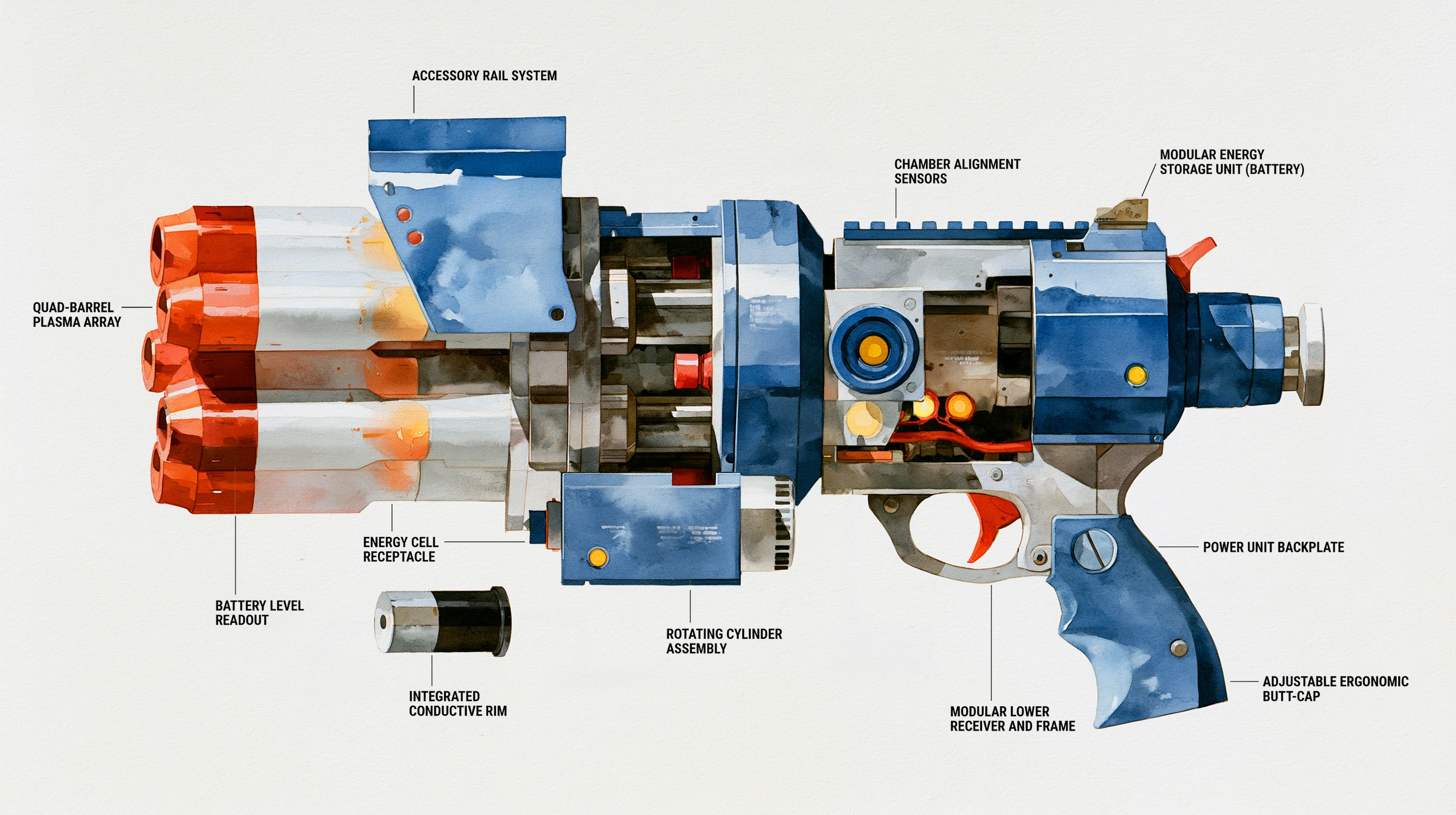 Cyberpunk Plasma Gatling Gun Infographic Diagram