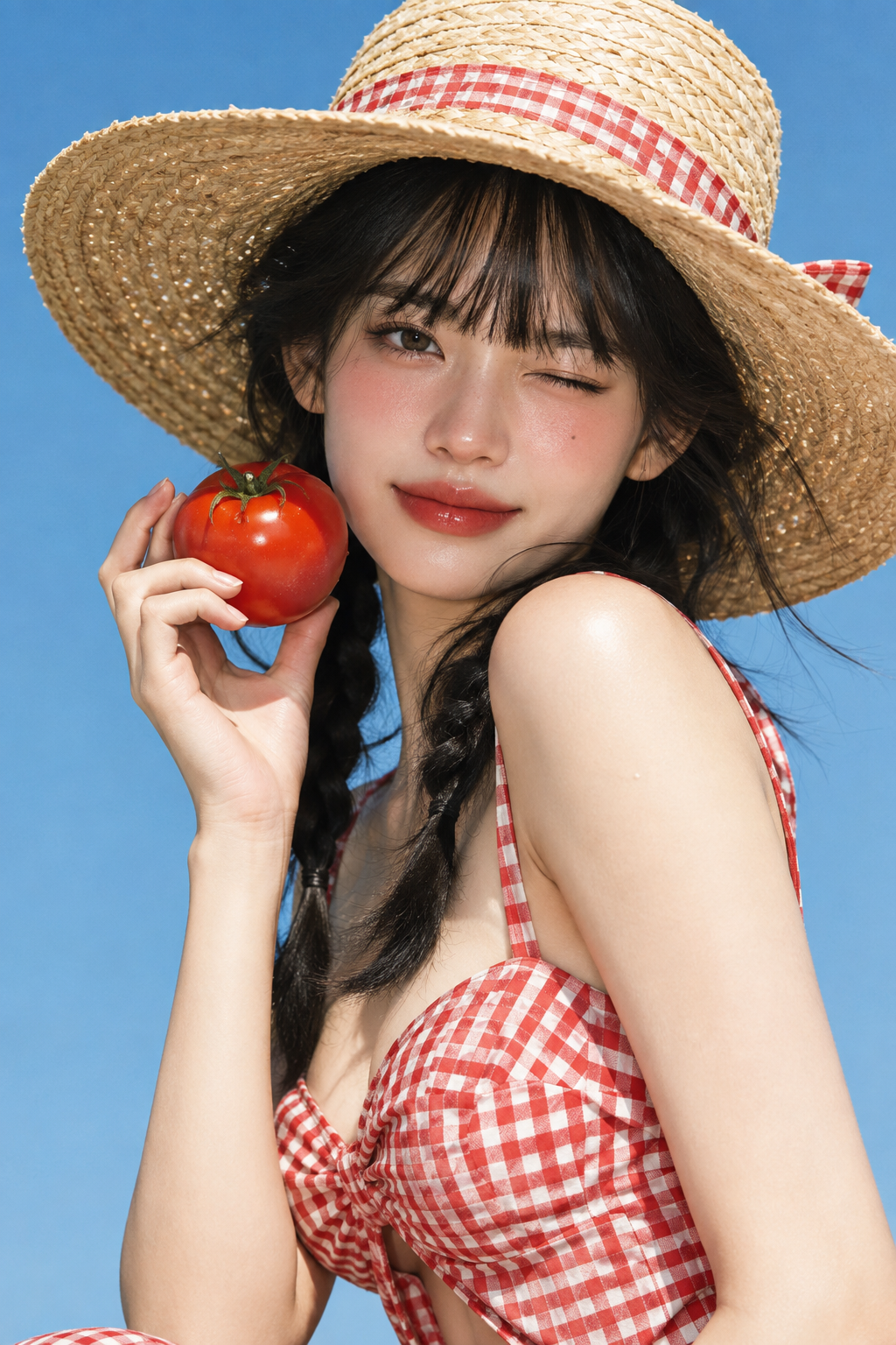 Young woman in straw hat holding tomato summer